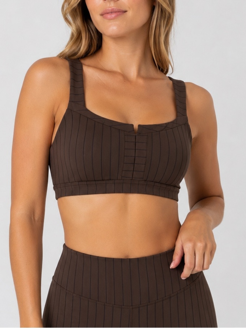 Alo Yoga Brown Pinstripe Square Neck Sports Bra Size Small